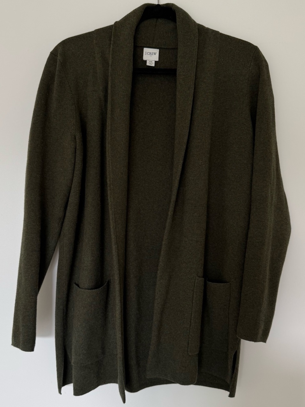 J. Crew Olive Green Open Front Longline Cotton Cardigan Sweater Size XS